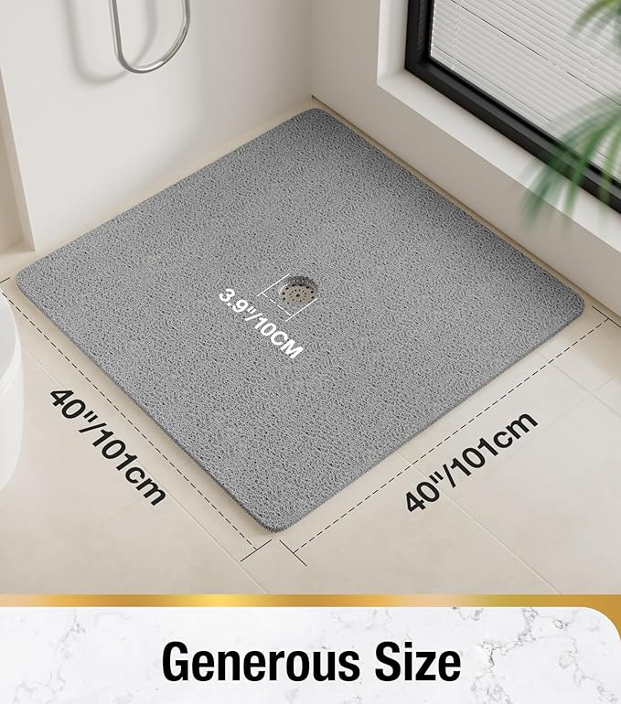 HITSLAM Square Shower Mat, 40 x 40 Inch Non Slip Bath Mat for Tub, Soft PVC Loofah Bathtub Mats with Drain Holes, Quick Drying Bathroom Stall Floor Mat, Bathroom Accessories Without Suction Cup, Grey