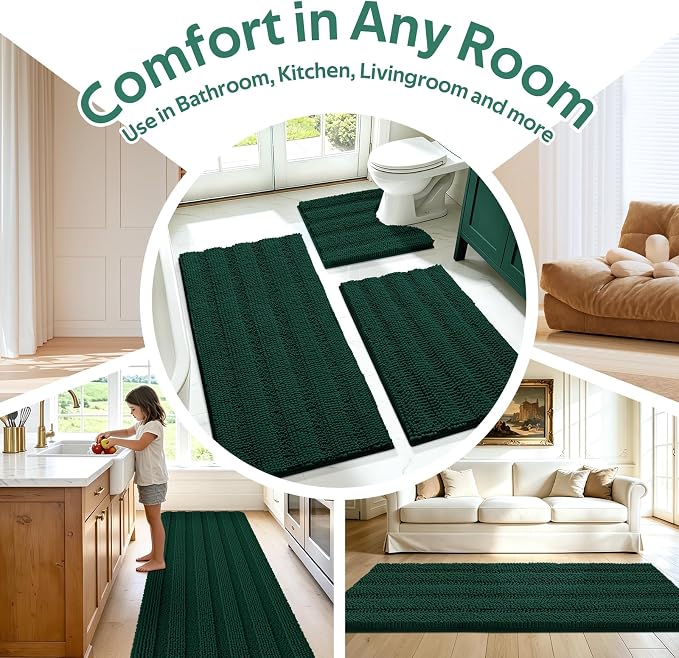 Christmas Striped Deep Green Toilet Bathroom Rug Mat Set 2 piece Rug Ultra Soft, Non Slip Chenille Bath Rugs, Absorbent Plush Shaggy Bath Mats for Bathroom, Bedroom, Kitchen, Shower, Tub