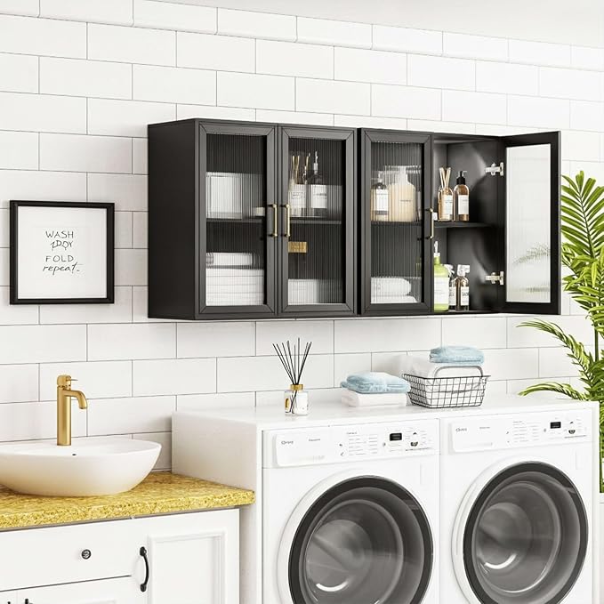 24”W Wall Cabinet with Acrylic Glass Doors Set of 2, Kitchen Wall Cabinets with Adjustable Shelf, Laundry Room Wall Mounted Cabinet, Bathroom Wall Cabinet with Light(Black)