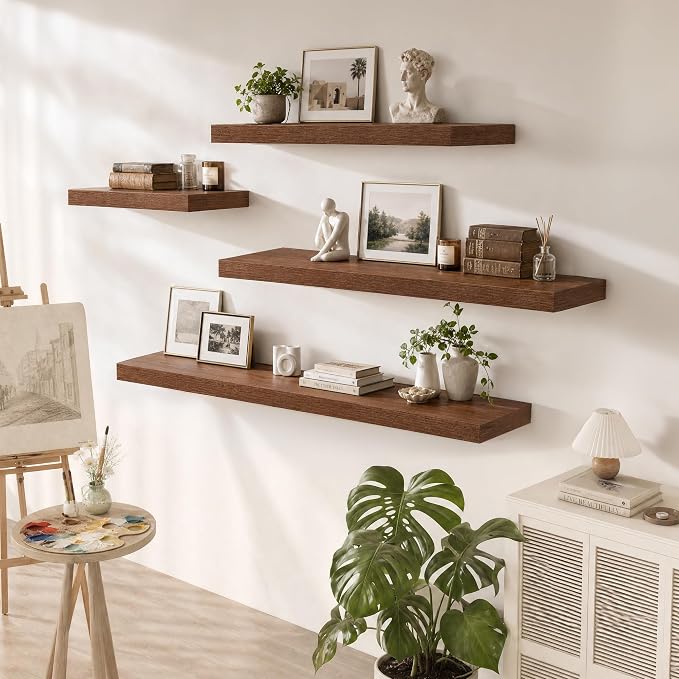 12 Inch Deep Floating Shelves for Wall, 36 Inch Wide Wall Shelves Set of 2, 2 Inch Thick Heavy Duty Invisible Wall Mounted Shelves for Kitchen Living Room,Walnut Color