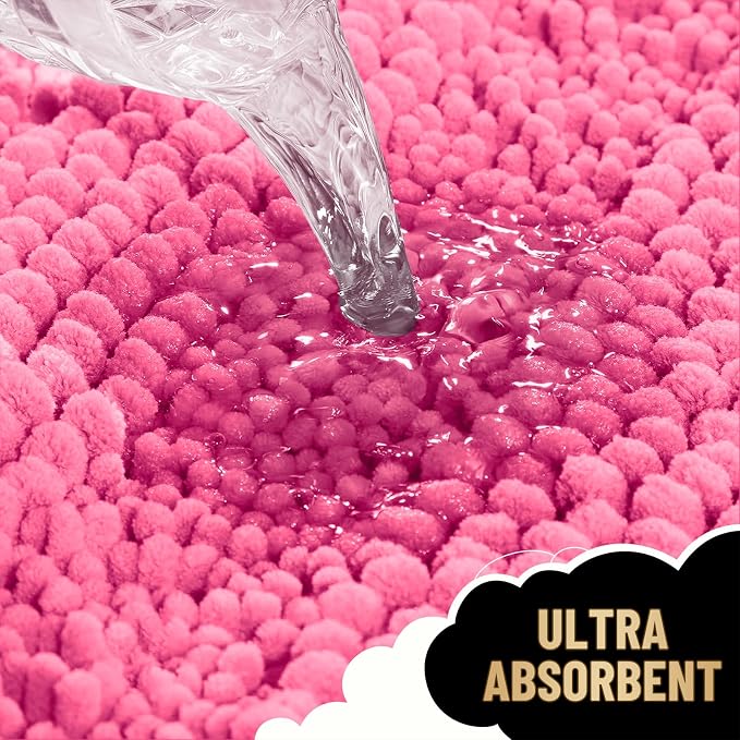 OLANLY Thick Bathroom Runner Rugs 44x24, Soft Chenille Bath Rugs, Hot Pink | Absorbent Striped, Rubber Backing, Machine Wash, Long Bath Mats for Bathroom Floor, Tub and Shower, Home Decor Accessories