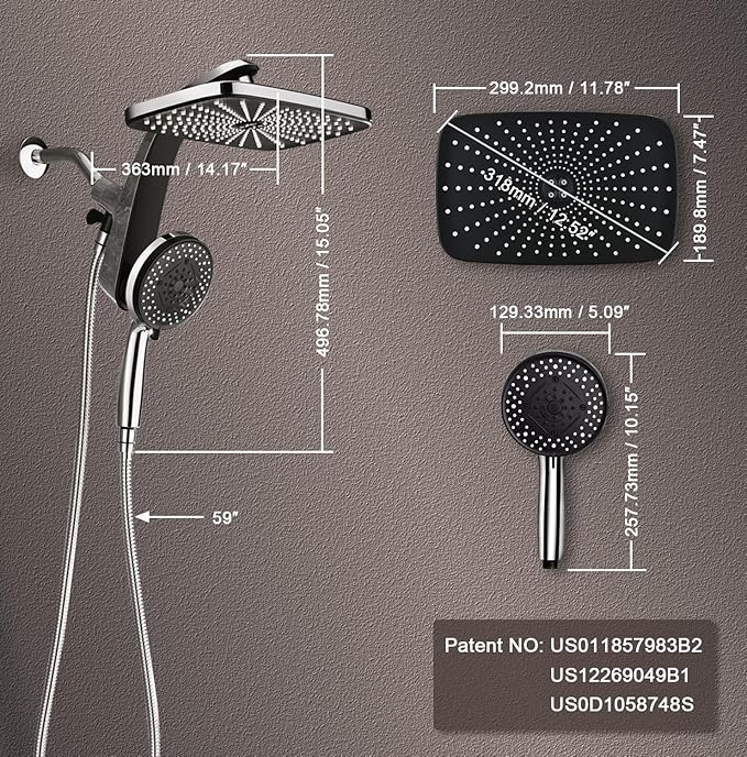 12" High Pressue Rain Shower Head with Handheld, 9 Sprays Hand Showerhead | Shower Heads with Handheld Spray Combo, Dual Head, Built-in Magnetic Docking, Power Jets, 59" Shower Hose, Chrome 1.75GPM