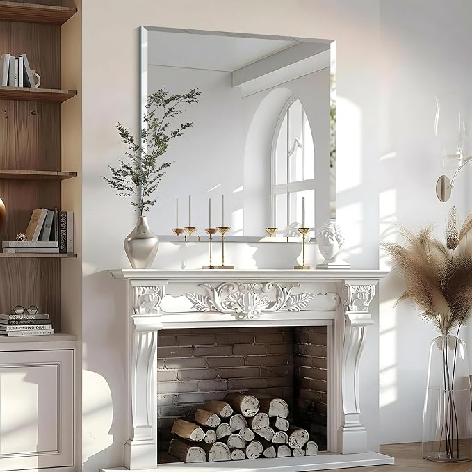 KOCUUY Beveled Mirror, 24x24 Inch Frameless Bathroom Mirror for Over Sink, Upgraded Shatterproof Unframed Mirror for Bathroom, Bedroom, Hang Horizontal/Vertical