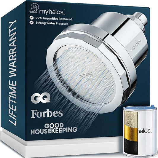 MyHalos® Filtered Shower Head, Shower Head Filter for Hard Water (Chrome) | High Pressure, Removes Chlorine & Heavy Metals, Water Softener, Filter Shower Head, Water Filter, Filtro Para Ducha De Baño