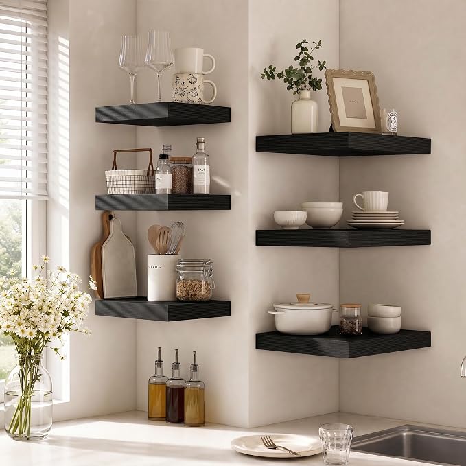Deep Floating Shelves for Wall, 16 Inch Wide Small Wall Shelves Set of 2, 2 Inch Thick Invisible Wall Mounted Shelves for Bathroom Bedroom Nursery,Black