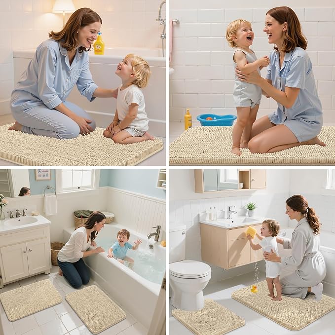 Arotive Bathroom Toilet Rugs Chenille U Shaped 20x20, Beige | Extra Soft Absorbent Shaggy Chenille Contour Bath Rugs for Toilet, Machine Washable Rubber Backing Contoured Bath Mats