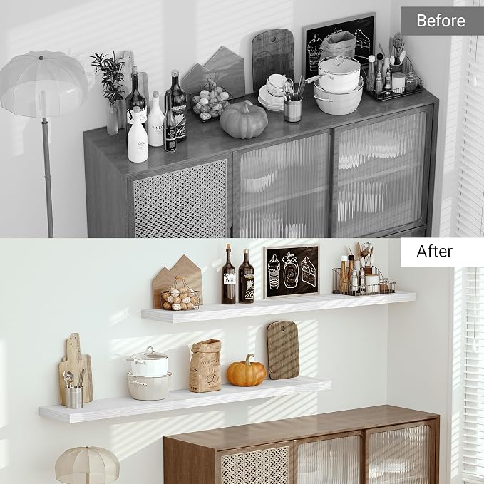 Vivelove Deep Floating Shelves 72x12” Set of 1, White | Easy Install With Hardware, 2" Thick, Invisible Brackets, Wall Mounted, No Sagging, For Any Room