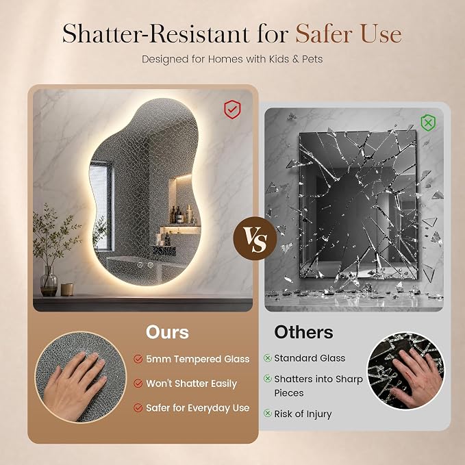 40''x24'' Lighted Mirrors for Bathroom Wall Backlit, Cloud LED Bathroom Mirror Frameless with Lights Anti Fog, Dimmable, 3 Colors,Tempered Glass, Shatter-Proof