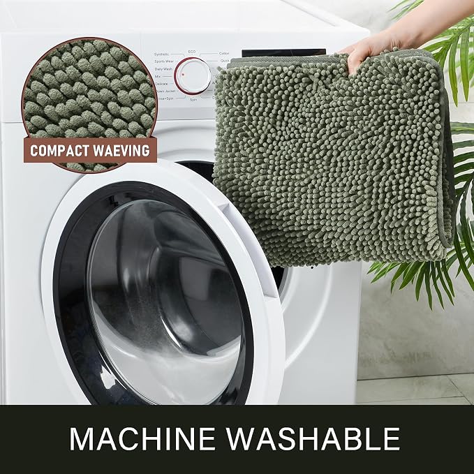 LOCHAS Luxury Bathroom Rug Shaggy Bath Mat 24 x 54 Inch, Sage Green | Washable Non Slip Bath Rugs for Bathroom Shower, Soft Plush Chenille Absorbent Carpets