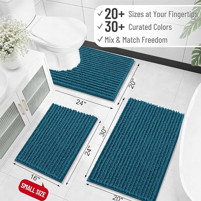 OLANLY U-Shaped Toilet Rug 24x20, Thick Soft Absorbent Chenille Contour Rug | Peacock Blue, Shaggy Bathroom Mat with Non-Slip Rubber Backing, Quick-Drying, Washable for Toilet, Home Decor Accessories