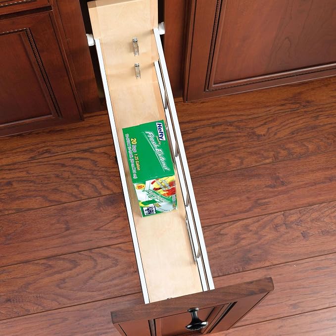 Rev-A-Shelf Pullout Bakeware Organizer w/Soft-Close, Min Opening 5.5" Wide | Wooden Storage Organization w/ Ball Bearing Slides, Full Height Base Kitchen Cabinets, Foil Wrap/Tray Divider, 447-BCBBSC-5C