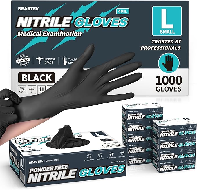 Black Nitrile Exam Gloves, 4 Mil, Powder-Free Food Prep Disposable | Soft+ • Powder-Free • Latex-Free • Medical • Examination • Cooking • Cleaning • Food Prep • Tattoo • Black • 100 Ct & 1000 Ct
