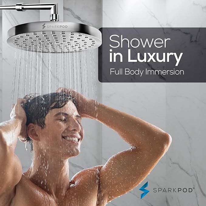 SparkPod Rain Shower Head, 8 Inch Round, Luxury Polished Chrome Finish | High Pressure Shower Heads, 90 Nozzles, Adjustable Showerhead, No Tools Needed, Universal Connection