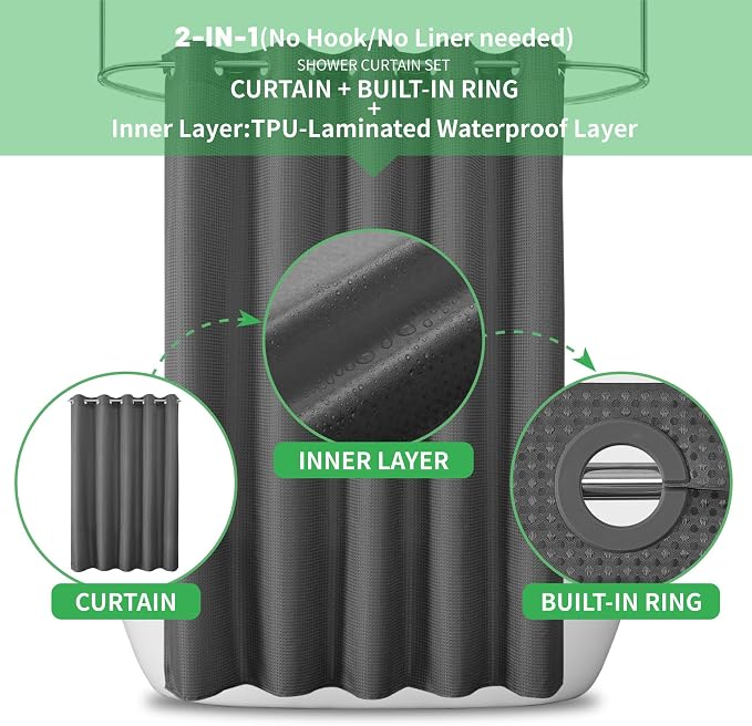 No Hook long Waffle Shower Curtain, No Liner Needed,71x86 In, Charcoal Grey | 100% waterproof TPU-laminated backing, magnetic weighted hem, machine washable, shower curtain set for bathroom or hotel use