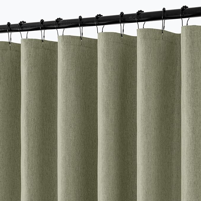 ANRODUO Olive Green Extra Long Linen Fabric Shower Curtain Set - W72xL96 | Farmhouse Shower Curtain with 12 Metal Hooks, Waterproof Heavy Duty, Button Hole Design, Machine Washable for Bathroom