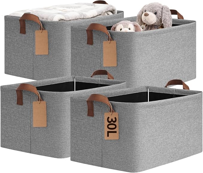 CHICVITA 4 Pack Large Foldable Storage Baskets for Shelves, Gray | 16.8 × 11 × 9.8 in, Metal Frame, Leather Handles, Clothes, Toys & Towels Storage, Nursery & Living Room Organization
