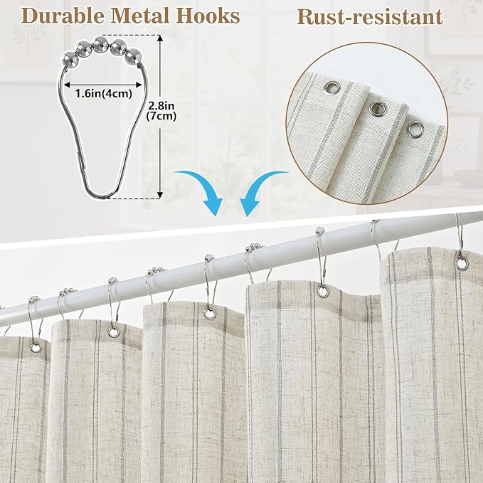Yinhua Farmhouse Shower Curtain with Ruffle, Grey Striped Linen Shower Curtains Set with 12 Metal Hooks for Bathroom, Country Rustic Vintage Bath Curtain Waterproof Heavy Duty, 72" W x 72" L
