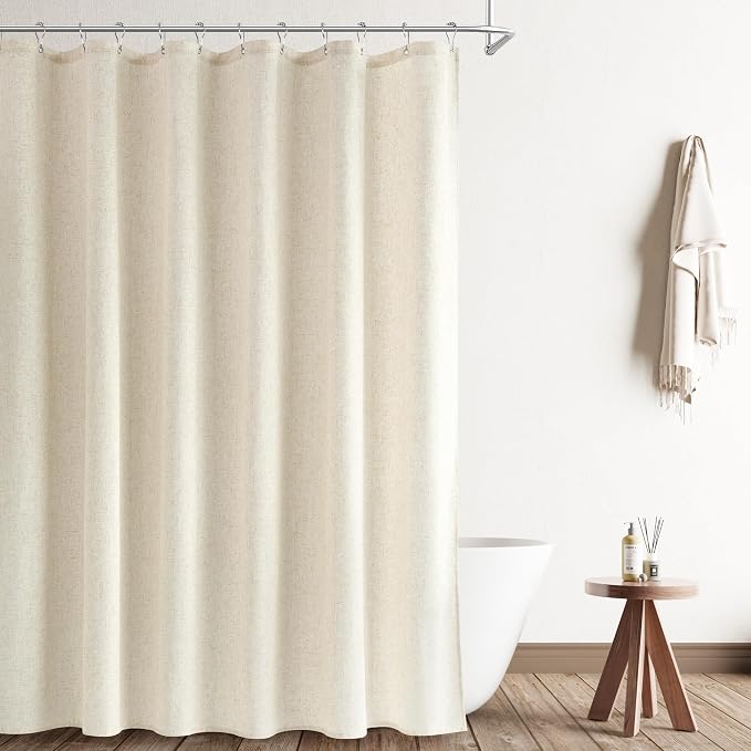 Extra Long Light Beige Linen Shower Curtain 88 Inch Long Weighted Fabric Bath Shower Curtain Set with Hooks, XLong Tall Country Farmhouse Curtains for Bathroom, 72x88