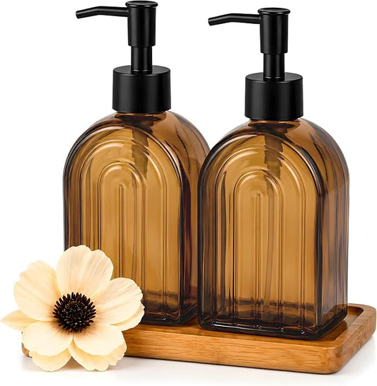2 Pack Arch Glass Kitchen Soap Dispenser with Acacia Wood Tray, 11oz Amber Rainbow Decorative Hand Soap Dispenser with Rustproof Pump, Refillable Liquid Dispenser for Kitchen, Bathroom, Countertop