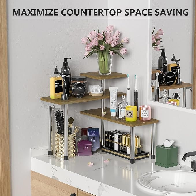 ZHWS Kitchen Corner Shelf Countertop Organizer - 3 Tier Bamboo & Metal Kitchen Organization Plant Stand Living Room Office, Spice Rack On Counter Shelves, Antique