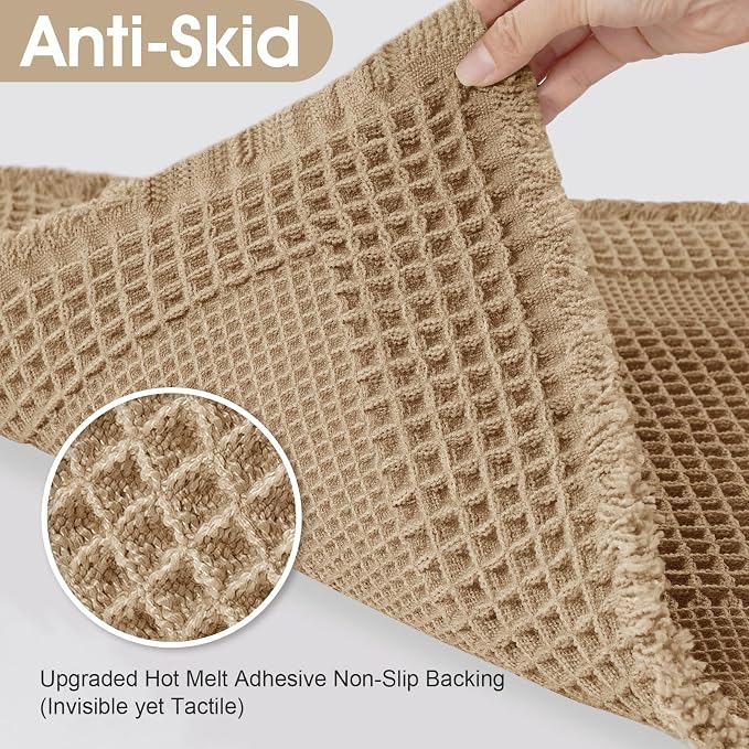 Upgraded Waffle Bath Mat Set 3 Piece Beige-Looped, Super Absorbent Non-Slip Quick Dry Bathroom Rugs with Tassels, Machine Washable Ultra Soft Boho Bath Rugs for Floor, Toilet Mats Boho Farmhouse Decor