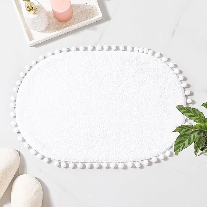 YIRDDEO Oval Rug for Bathroom, Cute Boho Bath Mat with Pom, White | Soft Plush, Absorbent, Quick Dry, Machine Washable, Non Slip Bath Mat for Bathroom Shower Floor Home Decor