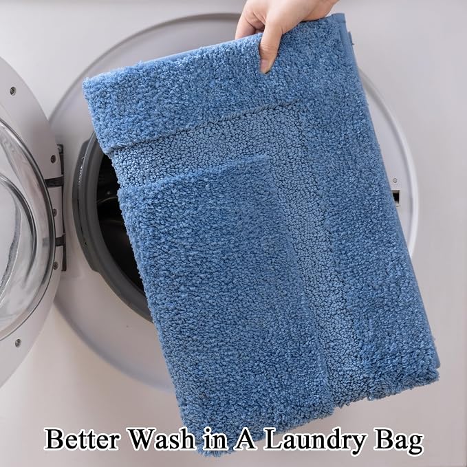 SHACOS Soft Microfiber Bathroom Rugs Set 2 Pieces with Toilet Rug | Absorbent Plush Bath Mat U Shaped Contour Bath Rug, Non Slip Washable Fluffy Bathroom Floor Mats, 32x20+24x20, Blue