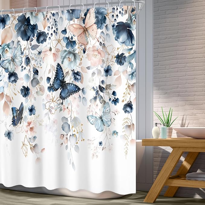 Blue Pink Floral Butterfly Spring Summer Bathroom Shower Curtain Set | 60"W x 72"L Plant Natural look, waterproof HD printed shower curtain, quick-dry fabric and free hooks.