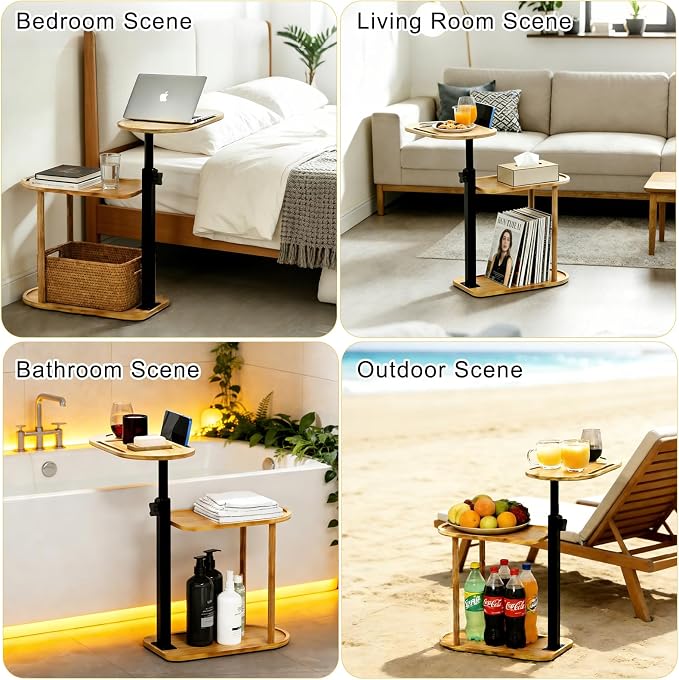 3-Tier Freestanding Bathtub Tray Table, Adjustable Bamboo Bath Caddy with Swivel Design, Standing Bath Shelf for Home Spa, Natural