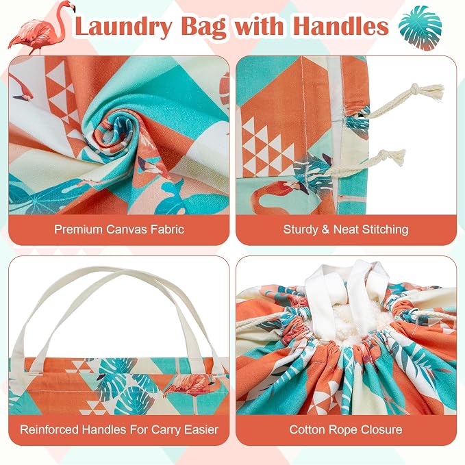 Canvas Laundry Bag with Handles & Drawstring 30"Wx35"H, L+ Pink Flamingo | Thick Canvas Storage Bag, Large Heavy Duty Washable Dirty Clothes Travel Sack, for Camp, College Dorm, Laundromat, 1 Pack
