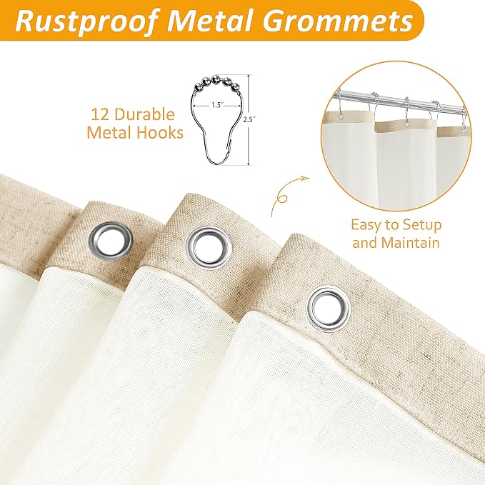 Linen Shower Curtain 72 Inches for Bathroom Ivory Double Layer | 6ft, Curtains with Hook, Snap in Liner, Water Repellent, Boho Farmhouse, Modern Bath Decor, 1 Panel, 72x72