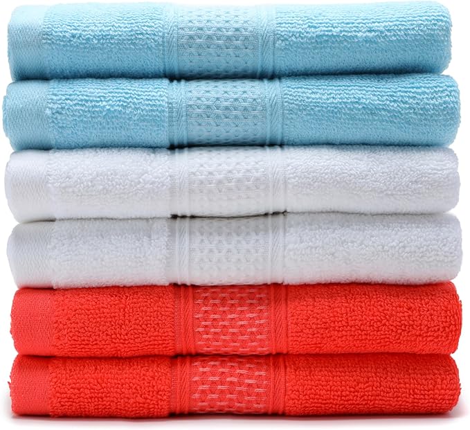Cotton Hand Towels Set, 6-Piece Set(14in x 29.5in), Super Absorbent Quick Drying,Soft,Bathroom Towels,Suitable for Gyms,Kitchen,Gift(Watermelon Red,White,Sky Blue)
