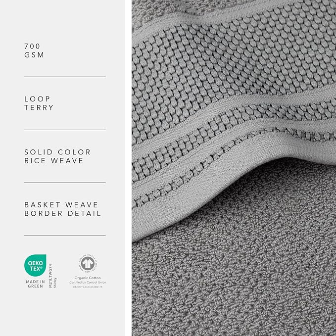 Texere 100% Organic Cotton Rice Weave Jacquard 700 GSM Luxury Bath Towel Sets - Ultra Soft and Absorbent Hotel and Spa Quality (Rice Weave, Cathedral Gray, 2 Bath Towels)