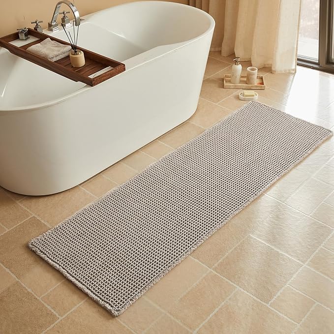 Triohero Waffle Runner Bath Mat - Long Bathroom Rugs Non Slip Washable, Ultra Soft Super Absorbent Quick Dry Boho Farmhouse Bathroom Decor, 24" x 72", Light Grey