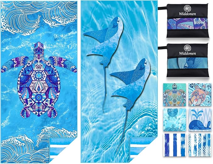Widdonen Microfiber Beach Towel,Compact 2 Pack-71x32 Inch with Bag Travel | Extra Large,Lightweight,Thin,Sand Free,Quick Dry,Absorbent.Packable for Camping,Swim,Pool,Bath,Picnic,Cruise Essentials Gift