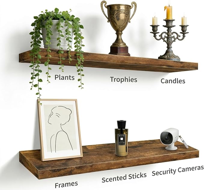 Vervida® Rustic Brown Floating Wall Shelves 35.4in Set of 3 Farmhouse | Rustic Brown Floating Shelves 35.4 x 9.3 in for Bathroom, Invisible Brackets Easy Install, Extra Long Farmhouse Decor Display