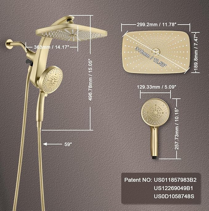 12" High Pressue Rain Shower Head with Handheld, 9 Sprays Hand Showerhead | Shower Heads with Handheld Spray Combo, Dual Head, Built-in Magnetic Docking, Power Jets, 59" Shower Hose, Gold 1.75GPM