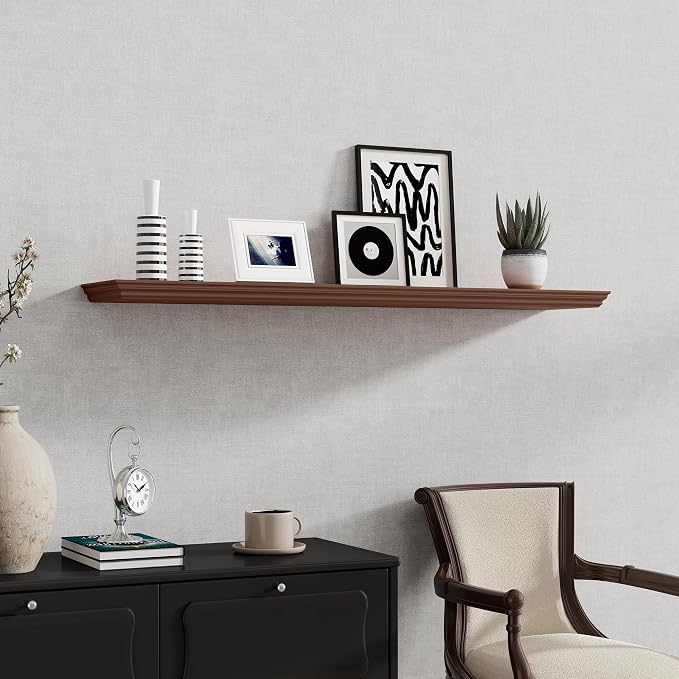 Fun Memories Floating Shelves 48 Inch Long, 9.3 Inch Deep Classic Crown Molding Floating Shelves for Wall, Rustic Wooden Shelves for Wall Decor Bathroom, Kitchen, Office, (Walnut, 1Pack)