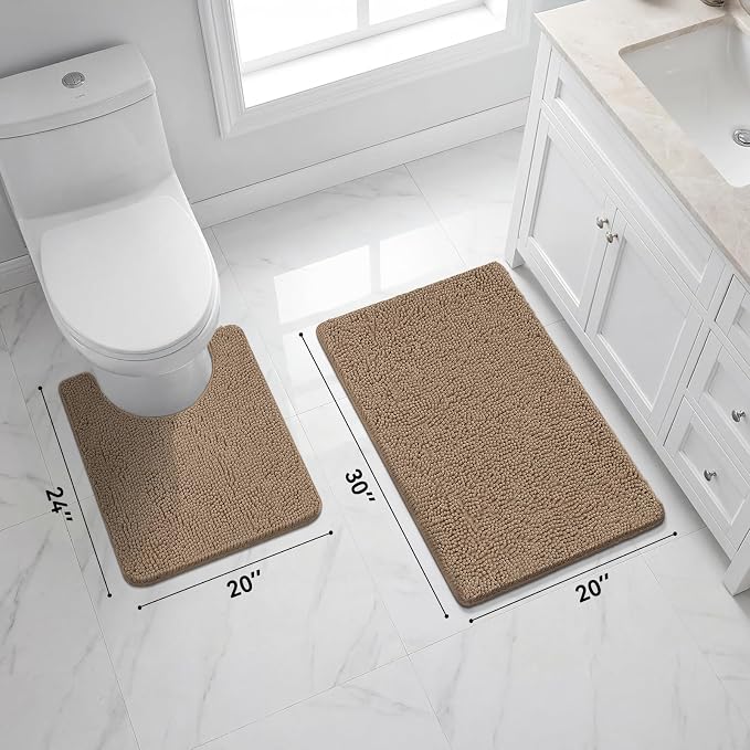 Bcoimo U Shaped Bath Rug Mat Set,2 Piece Chenille Latte Toilet Bathroom Rug | Extra Soft Bathroom mat set;Non Slip with Rubber Back Bath Mats;High Absorbent And Quick Dry Microfiber mat; Machine Washable