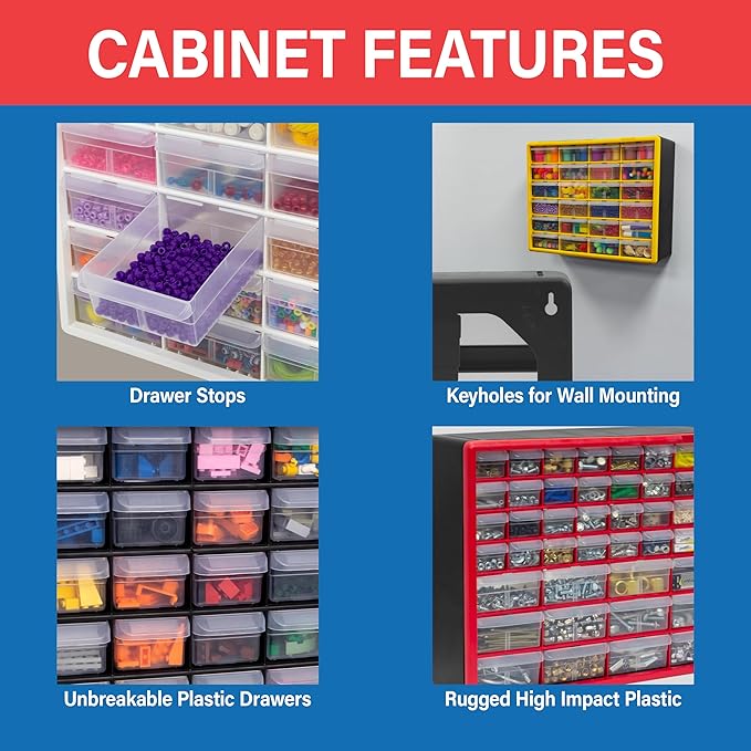 Akro-Mils 26-Drawer Plastic Storage Cabinet, 20"W x 6"D x 10"H, Red