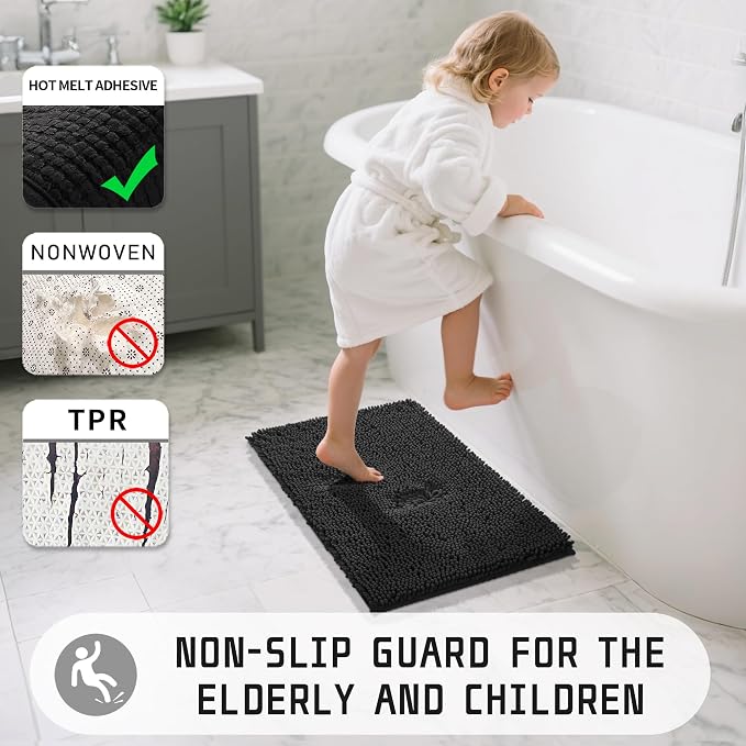 Yimobra Long Bathroom Rugs 44"x24", Extra Soft Non Slip Bath Mat for Tub, Super Absorbent Quick Dry Shaggy Rug Floor Carpet, Machine Washable,Black