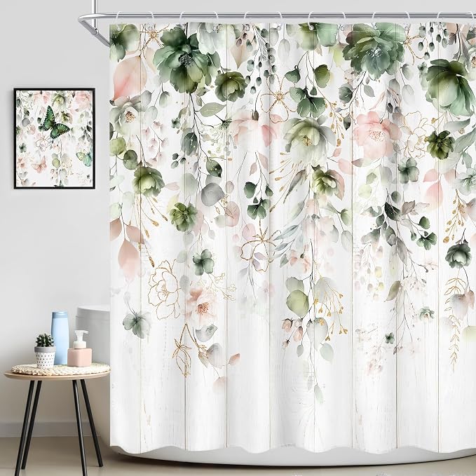 Rustic Green Pink Floral Eucalyptus Leaves Bathroom Shower Curtain Set | 72"W x 72"L Flower Pastel style, clear shower print, fast-dry fabric and hooks for a simple bath update.