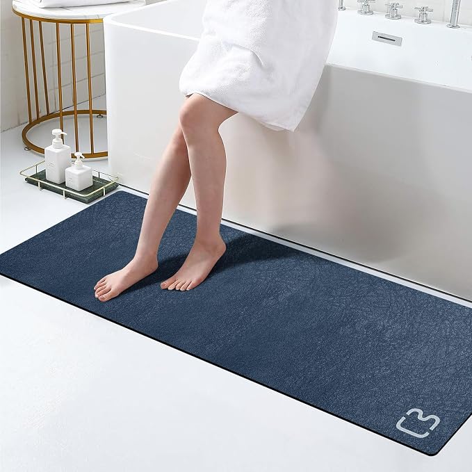 RUERYA Navy Long Bathroom Rugs Large Stone Bath Mats for Bathroom,15.7"x47" | Non Slip Rubber Backed Quick Dry Super Absorbent Diatomaceous Earth Bath Mat Extra Long Thin Diatomite Bathroom Mat Runner