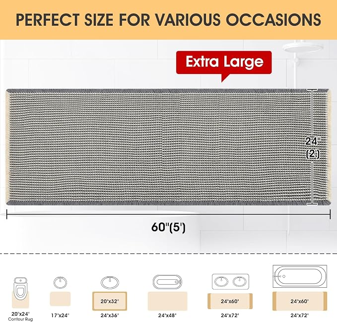 Waffle Bath Mat Grey & Beige 5'x2', Boho Woven Modern Bath Mat Rugs, Absorbent Non Slip Bathroom Rugs, Soft Washable Bath Rugs with Tassels for Bathroom, Bedroom, Kitchen, Shower, Tub