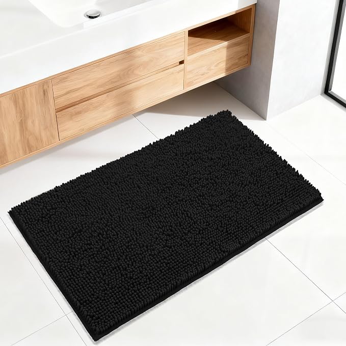 Bathroom Rugs Mat 48 x 24, Thick Soft Absorbent Chenille Bath Rugs, Rubber Backing Bath Mats for Bathroom Floor, Tub, Shower, Bedroom, Home Decor Accessories, Quick Dry Machine Washable, Black