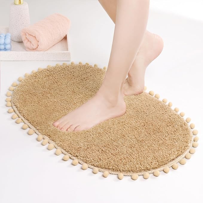 YIRDDEO Oval Rug for Bathroom, Cute Boho Bath Mat with Pom, Khaki | Soft Plush, Absorbent, Quick Dry, Machine Washable, Non Slip Bath Mat for Bathroom Shower Floor Home Decor
