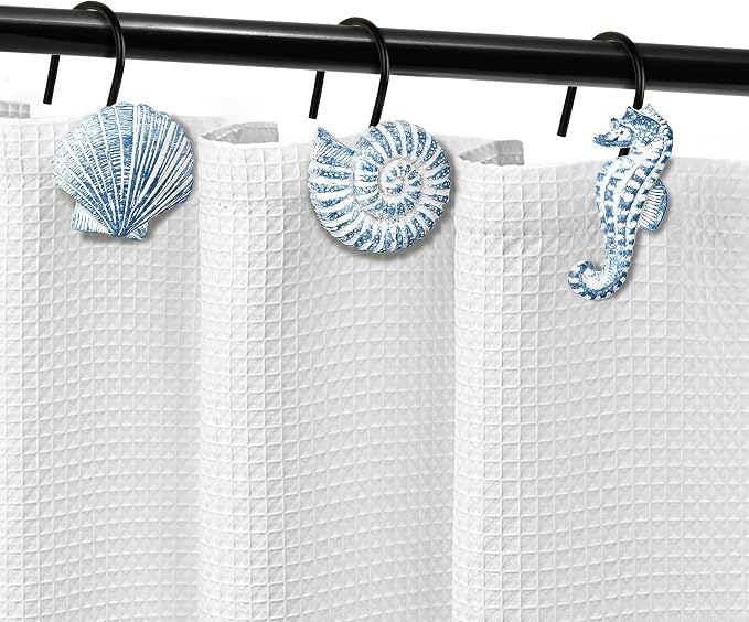 Sunlit Seashells Decorative Shower Curtain Hooks, Sky Blue Ocean Creatures Coastal Shower Curtain Rings with Black Hooks, Resin, Nautical Bathroom Decoration Beach Shower Curtain Hooks, Set of 12