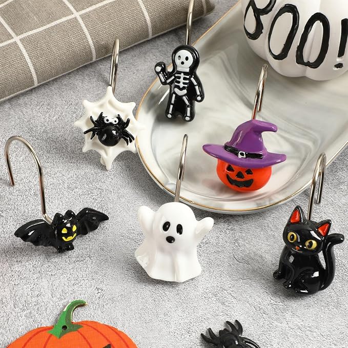 Halloween Shower Curtain Hooks 12 Pcs Ghost Pumpkin Decor Set | Resin Metal Standard Size, Smooth Gliding Rustproof, Bat Skull Spider Cat Designs, Bathroom Festive Home Accents