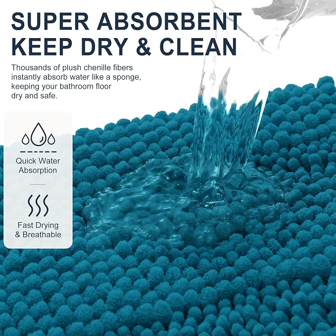 Smiry Thick Chenille Bathroom Runner Rugs 47x17, Bath Mat, Peacock Blue | Quick‑Dry & Machine Washable, Non‑Slip Bath Carpet, Soft Striped Bath Rugs for Tub & Shower, Modern Home Decor Accessories