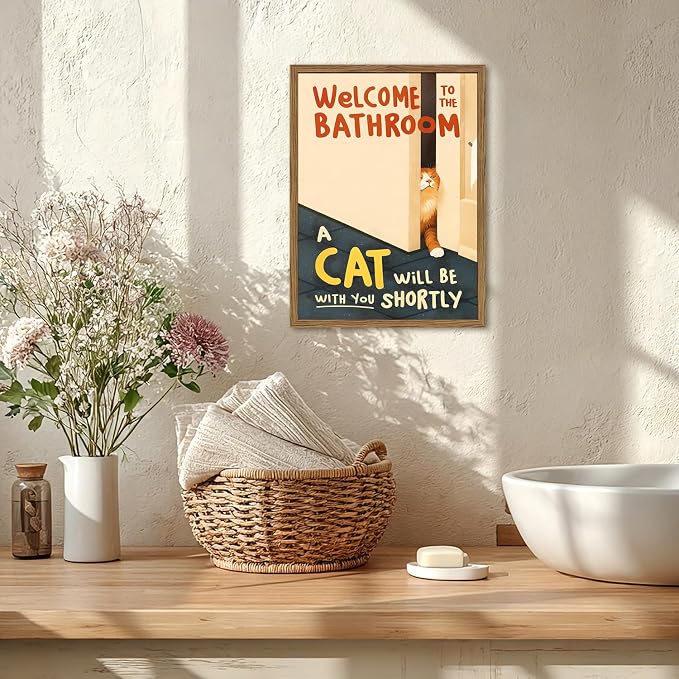 Funny Orange Cat Bathroom Wall Art Welcome to the Bathroom Sign Wall Decor Picture Cute Cat Animal Restroom Poster Canvas Prints 12X16 inch Wood Framed